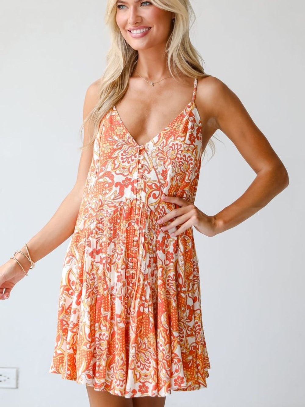 DressUp Orange Boho Print Sleeveless Dress | Adjustable Tie Shoulder